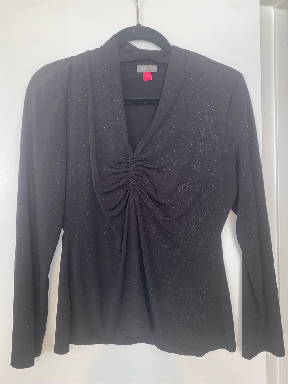Vince Camuto Black Sparkle Ruched V-Neck Long Sleeve Top